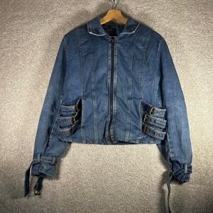 Y2K women's blue denim straight jacket style punk moto jacket Size M